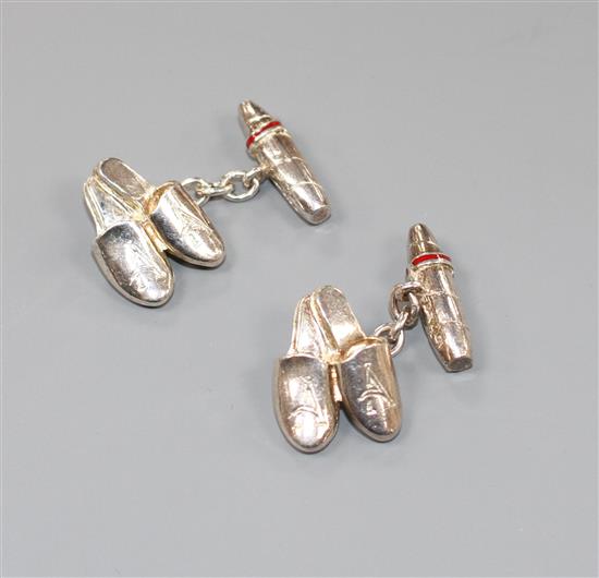 A pair of modern Asprey & Co silver and red enamel cufflinks, modelled as a pair of slippers, engraved with the letter A